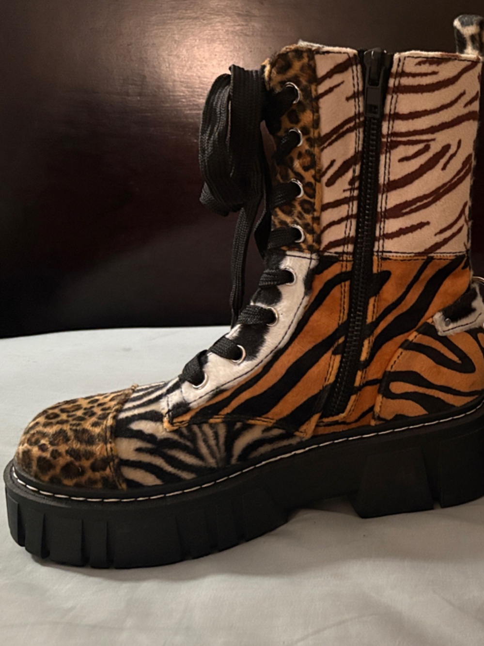 Women’s Leopard & Zebra Print Lace-Up Platform Boots - NEVER WORN! - Picture 2 of 5